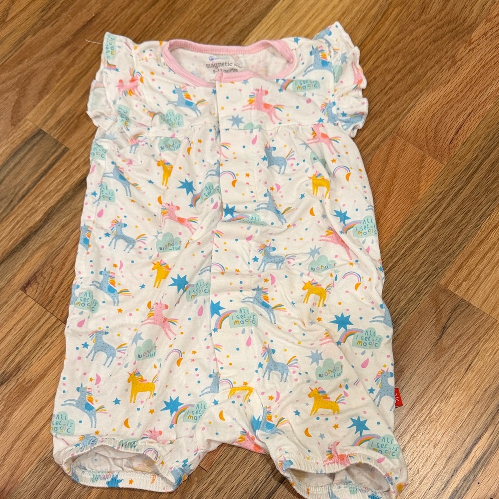 Magnetic Me Colorful Baby Romper with Unicorn Print, size 9-12months